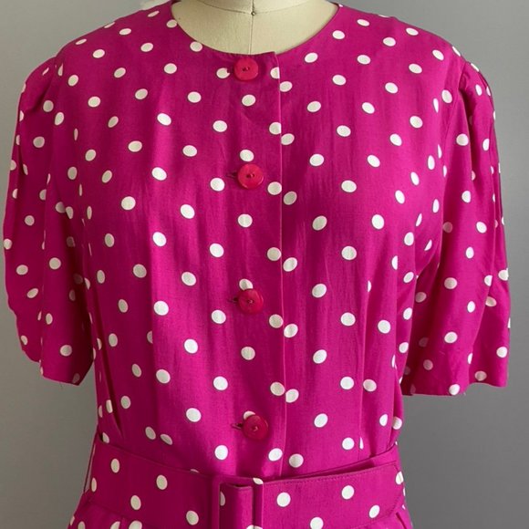 Vintage Ms. Chaus Pink Polka Dot Belted Dress - Picture 3 of 8
